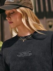 GLOWMODE X Harry Potter 100% Cotton Relaxed Tee With Ribbed Neckline & Embroidered Front & Back Daily Casual Summer Wear - Black - View 3