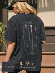 GLOWMODE X Harry Potter 100% Cotton Relaxed Tee With Ribbed Neckline & Embroidered Front & Back Daily Casual Summer Wear - Black - View 1