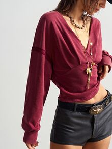 Bohemela Casual Boho Solid Color Knit V-Neck Long Sleeve Women's Sweatshirt Night Out Burgundy Red Fall Everyday - Burgundy - View 6