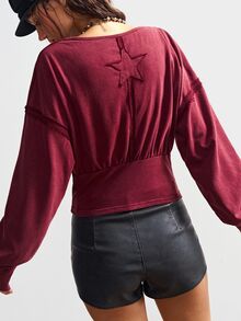 Bohemela Casual Boho Solid Color Knit V-Neck Long Sleeve Women's Sweatshirt Night Out Burgundy Red Fall Everyday - Burgundy - View 7