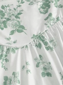 Tween Girls Green Floral Print Cami Mini Dress With Straps Flared Short Polyester Cute Spring Outfit, Vacation - Green - View 7