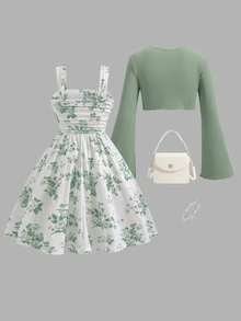 Tween Girls Green Floral Print Cami Mini Dress With Straps Flared Short Polyester Cute Spring Outfit, Vacation - Green - View 4