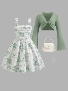 Tween Girls Green Floral Print Cami Mini Dress With Straps Flared Short Polyester Cute Spring Outfit, Vacation - Green - View 3