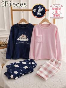 女童粉色毛絨格紋長袖居家服套裝 秋冬加厚抓絨內裡 - 彩色 - 查看 1