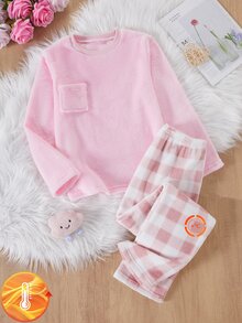 女童粉色毛絨格紋長袖居家服套裝 秋冬加厚抓絨內裡 - 彩色 - 查看 8