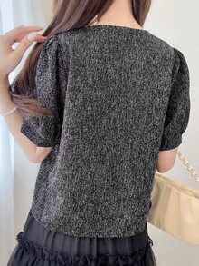 FRIFUL 女款對比蕾絲領短花瓣袖單排扣優雅法式夾克，灰色與粉色，適合職場辦公、企業日裝，秋季可愛上衣 - 黑色 - 查看 6