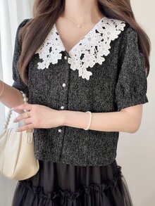 FRIFUL 女款對比蕾絲領短花瓣袖單排扣優雅法式夾克，灰色與粉色，適合職場辦公、企業日裝，秋季可愛上衣 - 黑色 - 查看 5