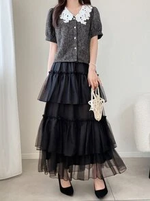 FRIFUL 女款對比蕾絲領短花瓣袖單排扣優雅法式夾克，灰色與粉色，適合職場辦公、企業日裝，秋季可愛上衣 - 黑色 - 查看 2