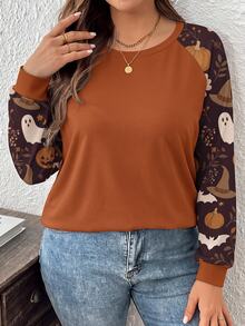 SHEIN LUNE Maple Leaf Pumpkin Floral Print Plus Size Women Casual Raglan Sleeve Round Neck Loose Fit T-Shirt Suitable For Spring Autumn Festival Party Wear - Multicolor - View 4