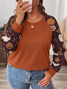 SHEIN LUNE Maple Leaf Pumpkin Floral Print Plus Size Women Casual Raglan Sleeve Round Neck Loose Fit T-Shirt Suitable For Spring Autumn Festival Party Wear - Multicolor - View 5