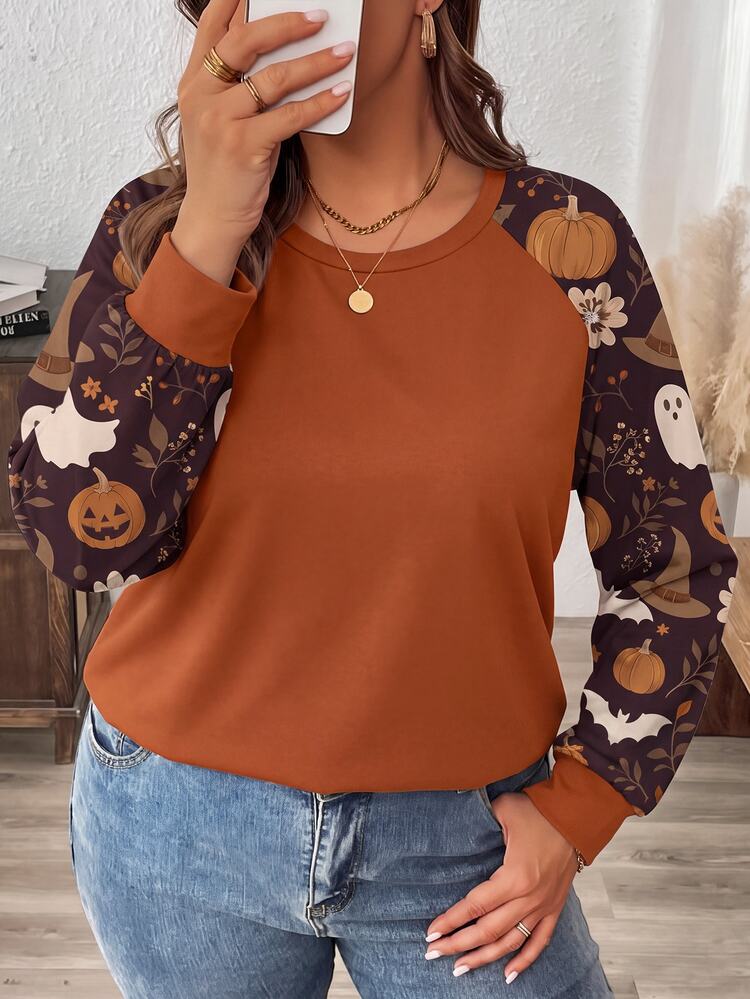 SHEIN LUNE 楓葉南瓜花卉印花大尺碼女款休閒落肩袖圓領寬鬆版型T恤，適合春秋節慶派對穿著 - 彩色 - 查看 5