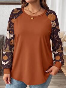 SHEIN LUNE Maple Leaf Pumpkin Floral Print Plus Size Women Casual Raglan Sleeve Round Neck Loose Fit T-Shirt Suitable For Spring Autumn Festival Party Wear - Multicolor - View 3