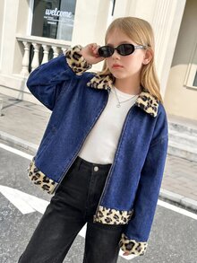 SHEIN Jaket Lengan Panjang Longgar Motif Leopard Denim Biru Tua untuk Anak Perempuan, Musim Gugur/Dingin, Berlapisan Bulu Domba - Biru - View 3