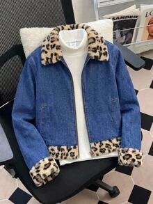 SHEIN Jaket Lengan Panjang Longgar Motif Leopard Denim Biru Tua untuk Anak Perempuan, Musim Gugur/Dingin, Berlapisan Bulu Domba - Biru - View 2