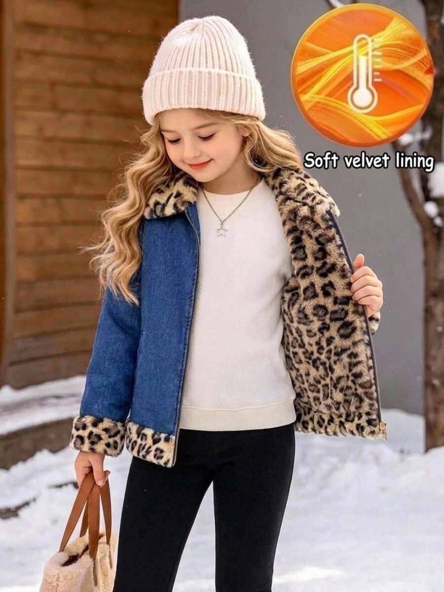 SHEIN Jaket Lengan Panjang Longgar Motif Leopard Denim Biru Tua untuk Anak Perempuan, Musim Gugur/Dingin, Berlapisan Bulu Domba - Biru - View 1
