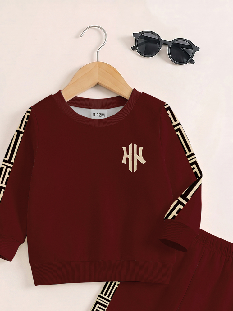 SHEIN 2pcs Baby Boys Sweatshirt Sets Casual Wine Red Geometric Stripe Letter Print Crew Neck Loose Fall Winter Back To School Outfits,1 Random Set - Multicolor - View 5