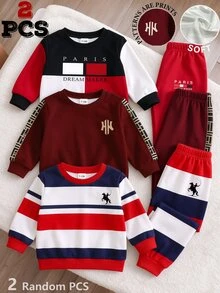 SHEIN 2pcs Baby Boys Sweatshirt Sets Casual Wine Red Geometric Stripe Letter Print Crew Neck Loose Fall Winter Back To School Outfits,1 Random Set - Multicolor - View 1