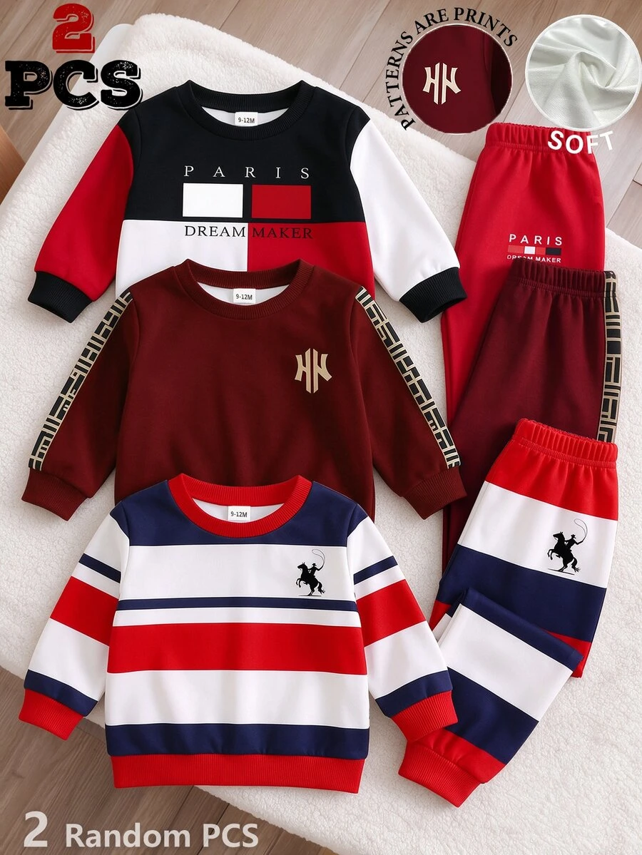 SHEIN 2pcs Baby Boys Sweatshirt Sets Casual Wine Red Geometric Stripe Letter Print Crew Neck Loose Fall Winter Back To School Outfits,1 Random Set - Multicolor - View 1