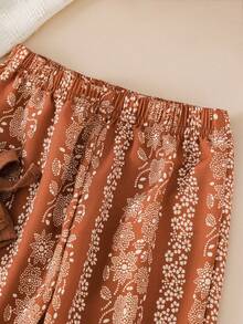 SHEIN 2pcs/Set Baby Girls Ribbed Round Neck Cap Sleeve T-Shirt And Printed Pants Set  Girl Clothing  Outfit  Good For Party  Vacation  Summer Clothes Toddle - Brown - View 7