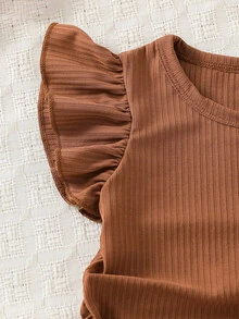 SHEIN 2pcs/Set Baby Girls Ribbed Round Neck Cap Sleeve T-Shirt And Printed Pants Set  Girl Clothing  Outfit  Good For Party  Vacation  Summer Clothes Toddle - Brown - View 8