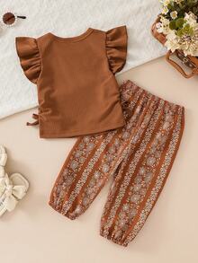 SHEIN 2pcs/Set Baby Girls Ribbed Round Neck Cap Sleeve T-Shirt And Printed Pants Set  Girl Clothing  Outfit  Good For Party  Vacation  Summer Clothes Toddle - Brown - View 3