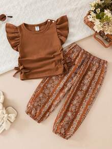 SHEIN 2pcs/Set Baby Girls Ribbed Round Neck Cap Sleeve T-Shirt And Printed Pants Set  Girl Clothing  Outfit  Good For Party  Vacation  Summer Clothes Toddle - Brown - View 6