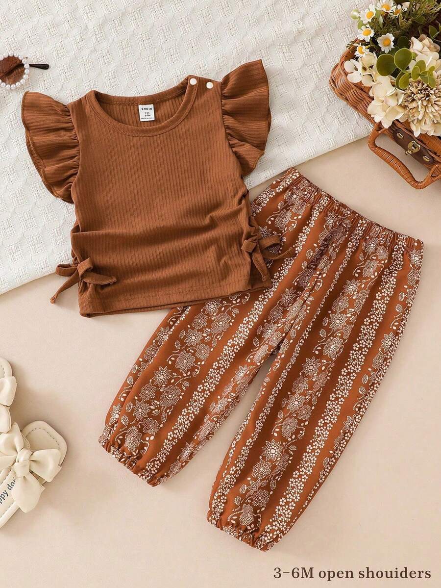 SHEIN 2pcs/Set Baby Girls Ribbed Round Neck Cap Sleeve T-Shirt And Printed Pants Set  Girl Clothing  Outfit  Good For Party  Vacation  Summer Clothes Toddle