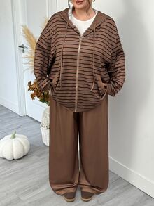 SHEIN CURVE+ 大尺碼女款秋冬條紋運動衫外套＋長褲套裝 - 棕色 - 查看 4