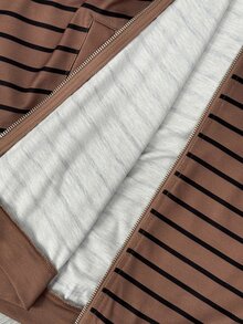 SHEIN CURVE+ 大尺碼女款秋冬條紋運動衫外套＋長褲套裝 - 棕色 - 查看 6