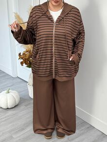 SHEIN CURVE+ 大尺碼女款秋冬條紋運動衫外套＋長褲套裝 - 棕色 - 查看 5