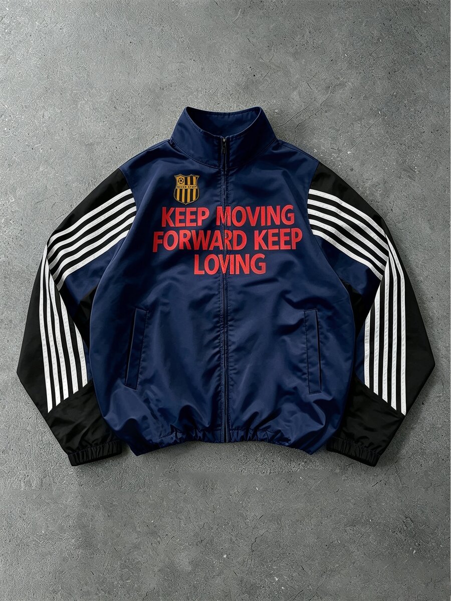 ROMWE MEN Men's Colorblock Zip-Up Stand Collar Long Sleeve Jacket Football Jersey Cardigan Jacket - Blue - View 1