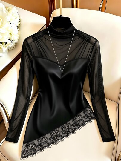 SHEIN Women's Elegant Satin & Mesh Lace Patchwork Asymmetrical Hem Casual T-Shirt, Black Blouse, High Neck Mesh Patchwork Top, Elegant Blouse, Casual Blouse, Elegant Long Sleeve Top, Casual Long Sleeve Top, Black Top, Satin Blouse, Cowl Neck Blouse, Mesh Patchwork, Women's Winter Top, Women's Autumn Outfit