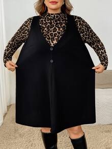 SHEIN CURVE+ Setelan Kasual Wanita Ukuran Besar Motif Leopard + Gaun Warna Polos 2 Potong, Gaya Musim Gugur - MultiWarna - View 7