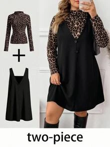 SHEIN CURVE+ Setelan Kasual Wanita Ukuran Besar Motif Leopard + Gaun Warna Polos 2 Potong, Gaya Musim Gugur - MultiWarna - View 1