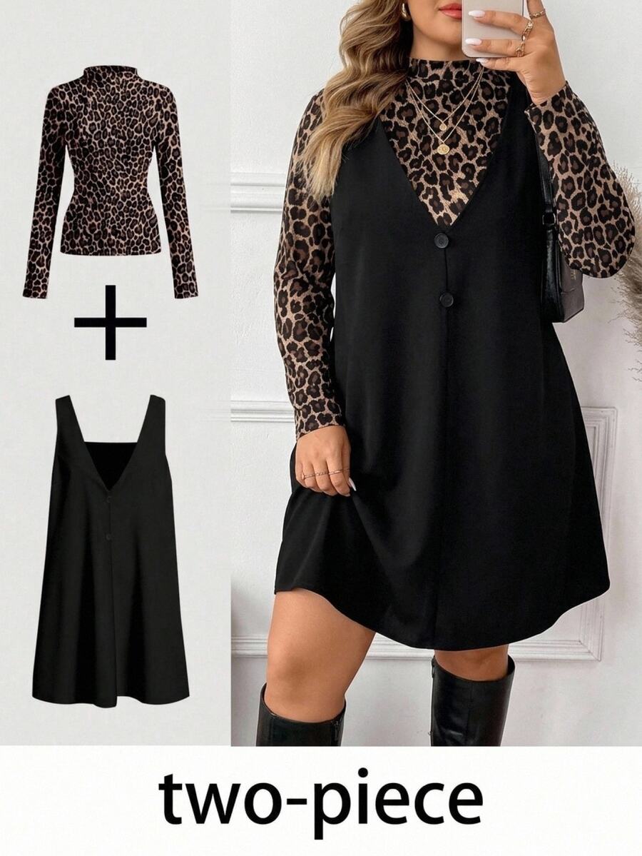 SHEIN CURVE+ Setelan Kasual Wanita Ukuran Besar Motif Leopard + Gaun Warna Polos 2 Potong, Gaya Musim Gugur - MultiWarna - View 1