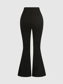 SHEIN 青少年女孩針織黑色高彈性喇叭褲 - 黑色 - 查看 2
