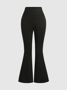 SHEIN 青少年女孩針織黑色高彈性喇叭褲 - 黑色 - 查看 5