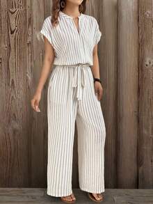 EMERY ROSE 女士梭织条纹休闲夏季连体裤 - 杏色 - 查看 7