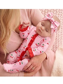 SHEIN Newborn Baby Boy Cute Knitted Casual Cartoon Bear Pattern Romper & Headband Set - Pink - View 1