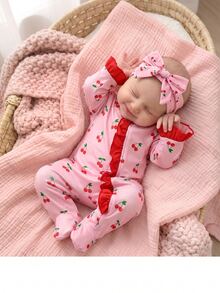 SHEIN Newborn Baby Boy Cute Knitted Casual Cartoon Bear Pattern Romper & Headband Set - Pink - View 3