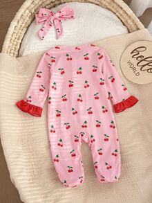 SHEIN Newborn Baby Boy Cute Knitted Casual Cartoon Bear Pattern Romper & Headband Set - Pink - View 2