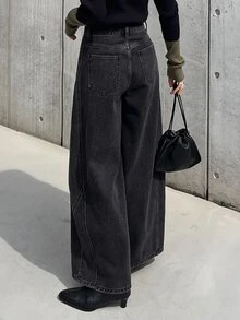 FRIFUL 女款時尚百搭鈕扣口袋寬鬆牛仔褲 - 深灰色 - 查看 5