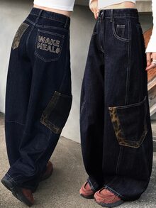 FRIFUL Women's Casual Daily Denim Jeans With Pocket, Button And Letter Pattern - Blue - View 1