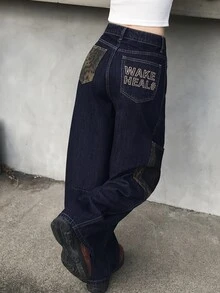 FRIFUL Women's Casual Daily Denim Jeans With Pocket, Button And Letter Pattern - Blue - View 2
