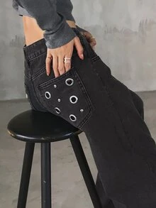 FRIFUL Women's Casual Washed Denim Jeans With Metal Eyelet Decor - Dark Grey - View 6
