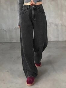 FRIFUL Women's Casual Washed Denim Jeans With Metal Eyelet Decor - Dark Grey - View 5