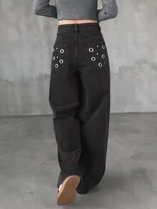 FRIFUL Women's Casual Washed Denim Jeans With Metal Eyelet Decor - Dark Grey - View 4