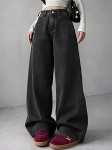FRIFUL Women's Casual Washed Denim Jeans With Metal Eyelet Decor - Dark Grey - View 9