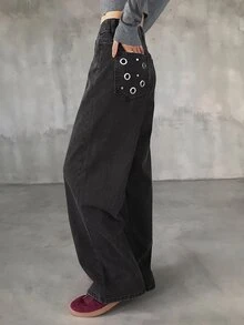FRIFUL Women's Casual Washed Denim Jeans With Metal Eyelet Decor - Dark Grey - View 8