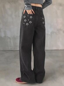 FRIFUL Women's Casual Washed Denim Jeans With Metal Eyelet Decor - Dark Grey - View 2